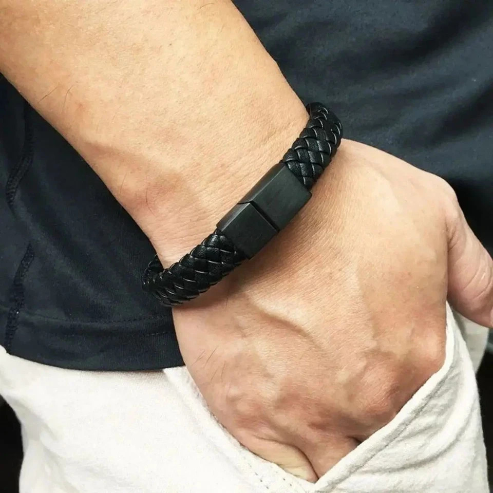 Black Bracelet Men’s Braided Leather Bangle Stainless Steel Cuff Wristband USA