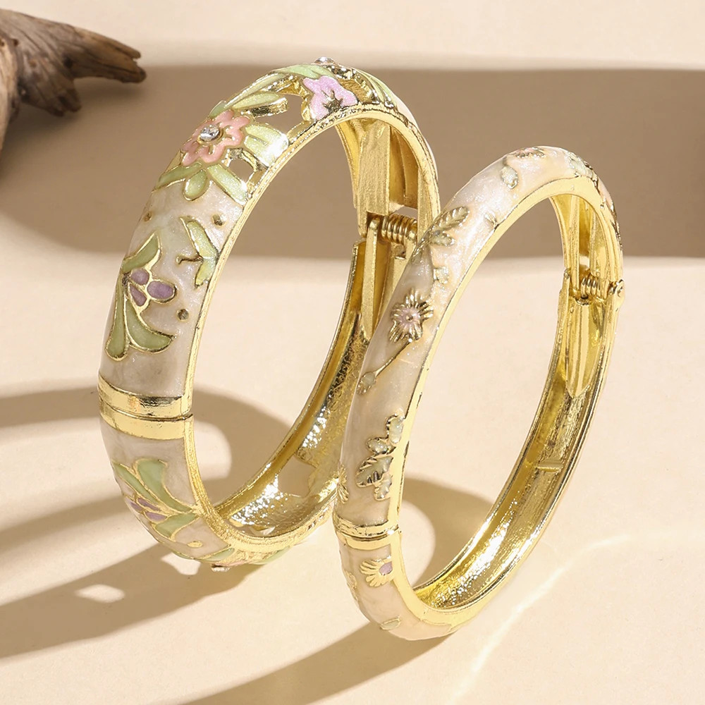 2 PCS Enameled Bracelets For Women Vintage Hollowed Small Flower Cloisonne