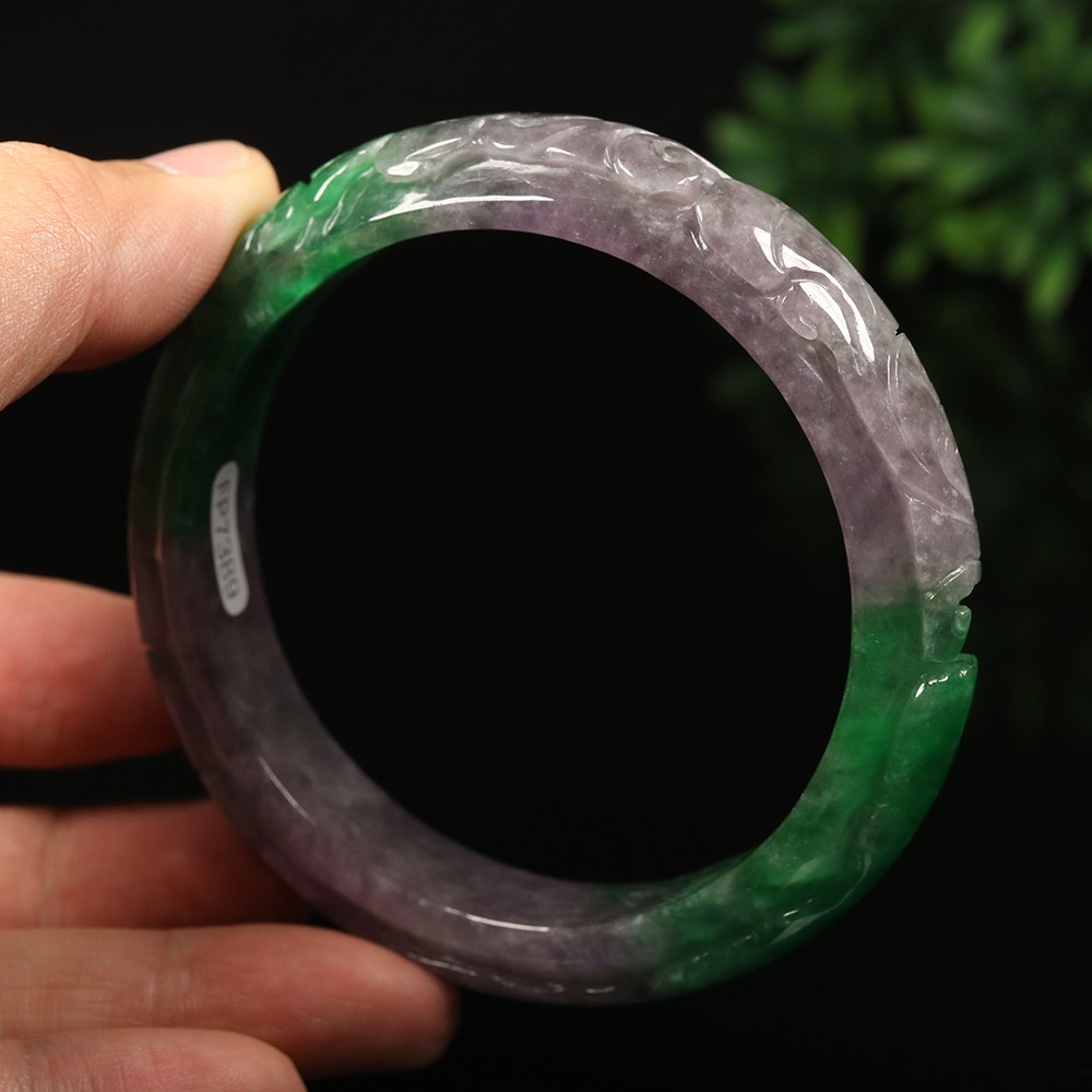 65mm Lavender Purple Green Jadeite Jade Bangle Bracelet Ruyi Fish Lotus A-14831