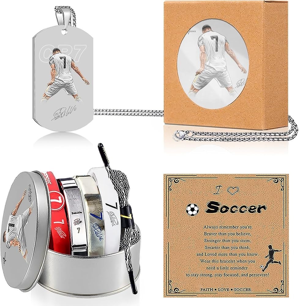 6Pcs C.R No.7 Soccer Sports Bracelets Necklaces Set, Number.7 Titanium Steel Adj