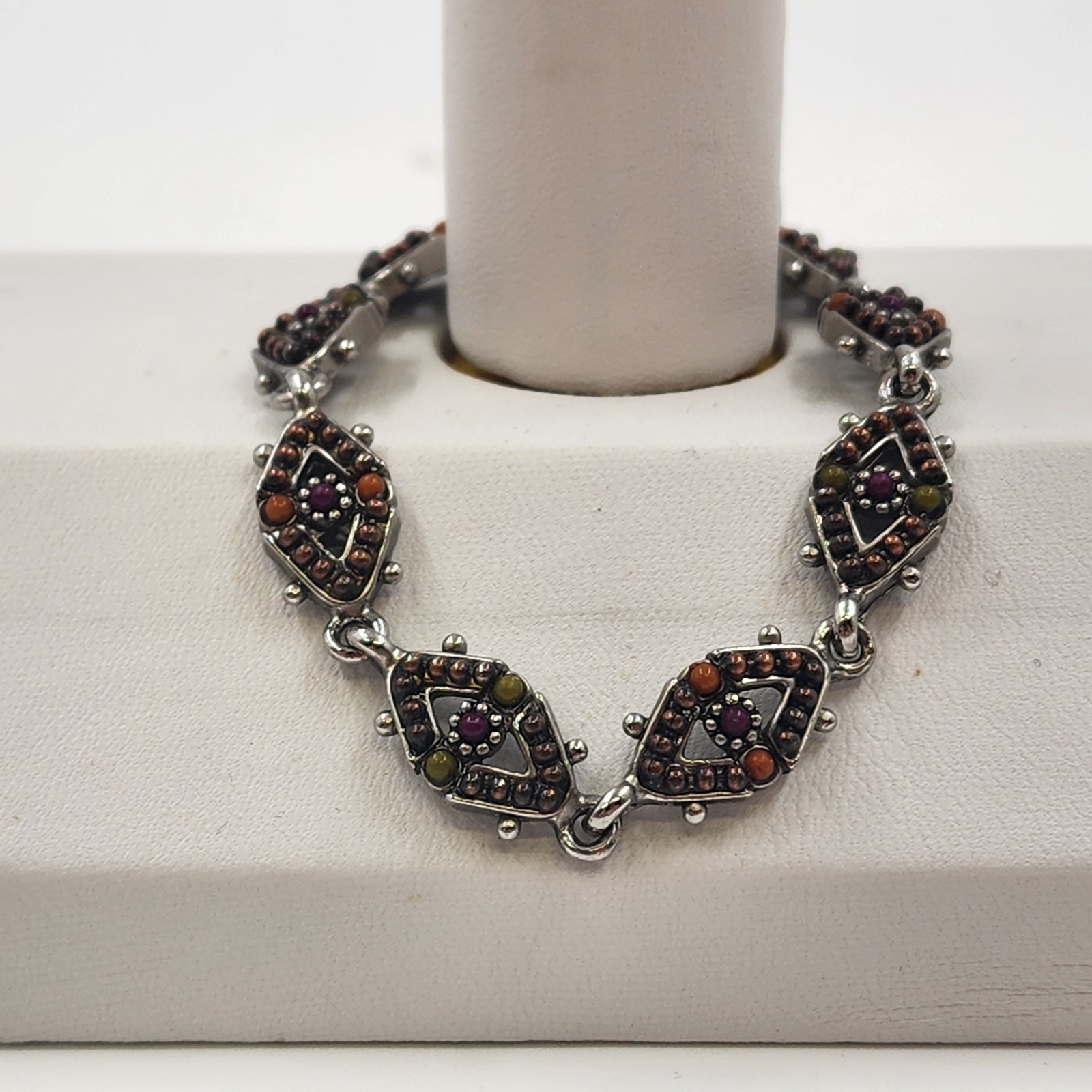 Silver Tone Bracelet Orange Brown Beaded Quartz Diamond Chain Magnetic 7″
