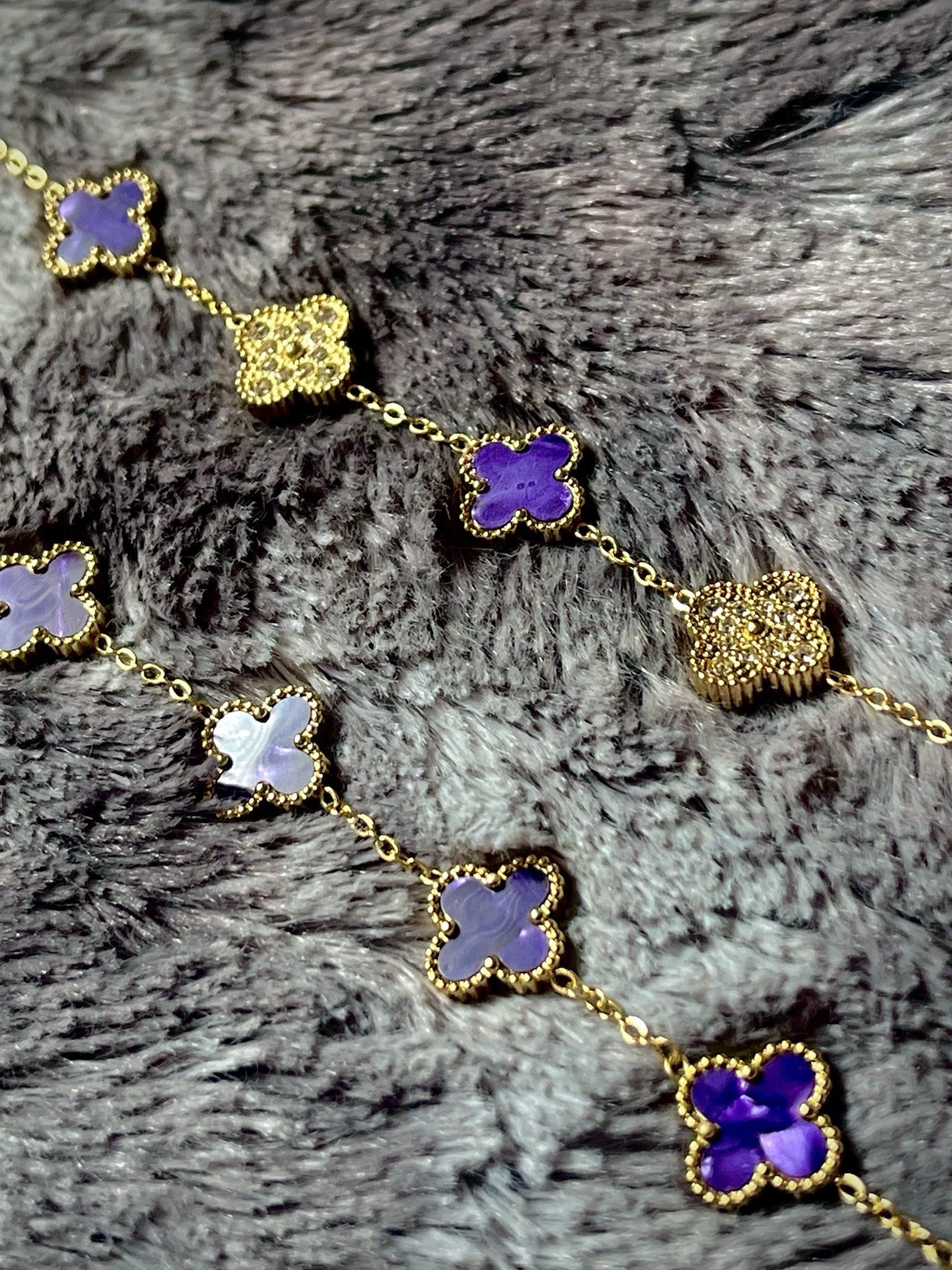 18k Gold Plated Clover Bracelet 5 motif reversible Amethyst & CZ 15mm (Set of 2)