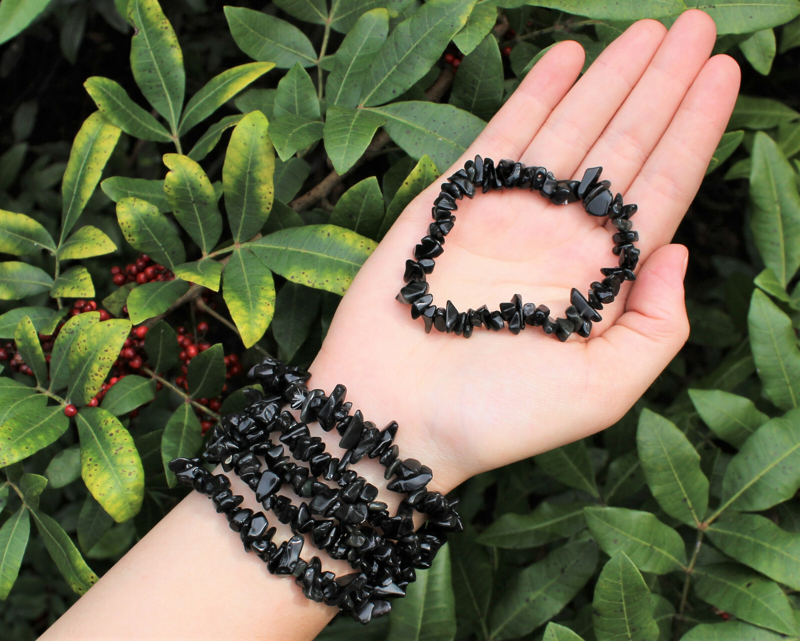 Black Obsidian Chip Bracelet, Stretch: Raw Natural Crystal Healing US SELLER