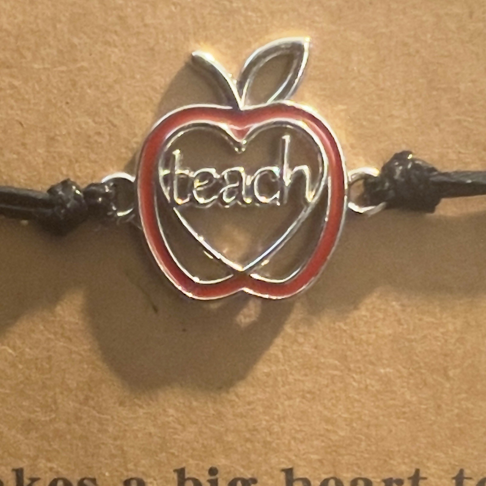 Teacher Apple Dangle Charm Bracelet Black Adjustable Cord Tie Enamel Metal
