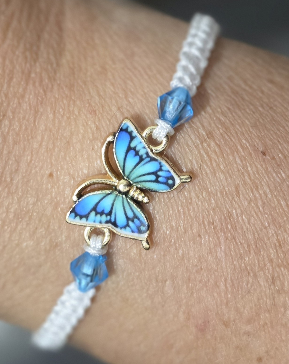 Adjustable Braided Cord Charm Bracelet Butterfly White Blue Gold Slide Closure