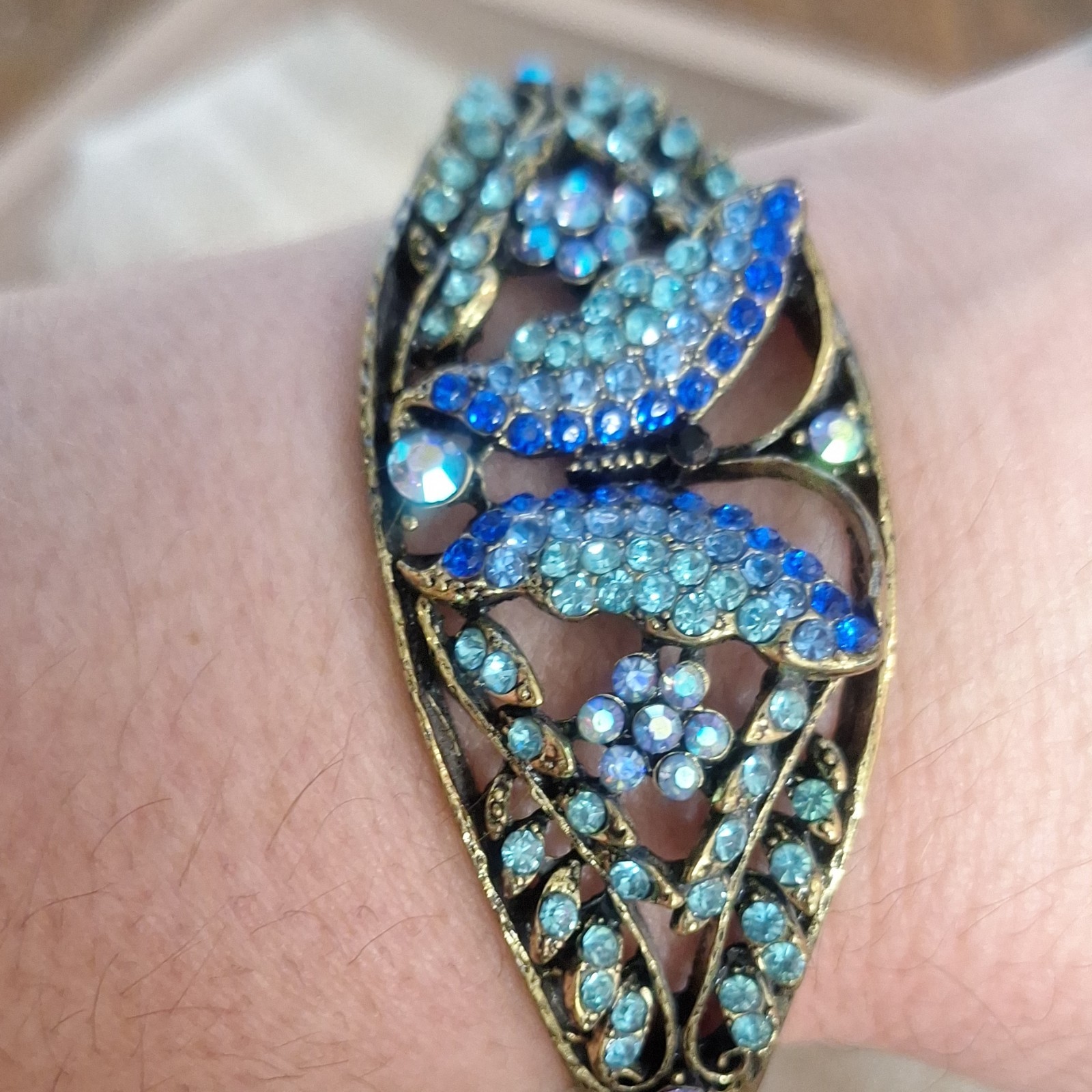 Gold Tone Blue Crystal Rhinestone Pavé Butterfly Leaf Cuff Bracelet
