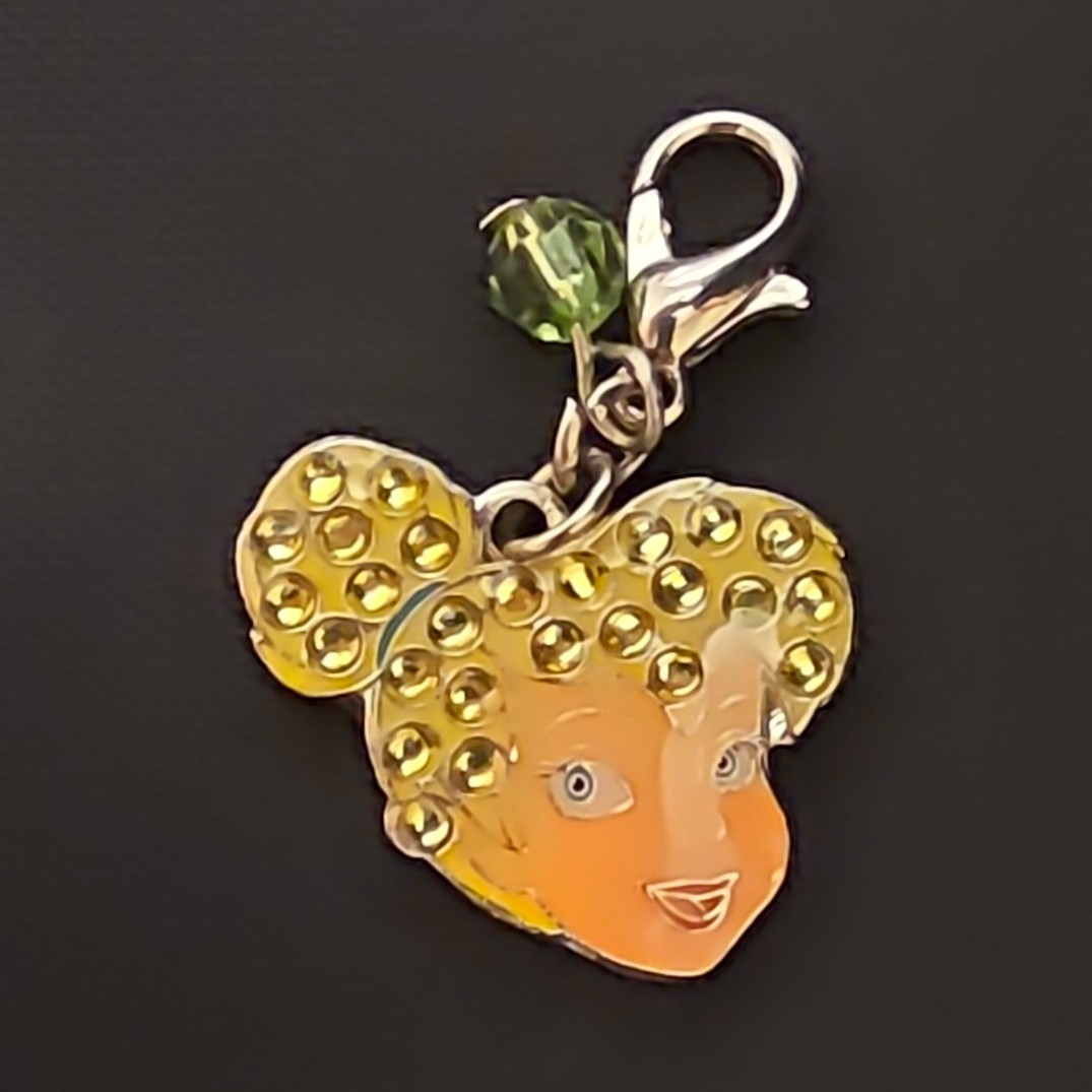 Yellow Enamel Girl Face Dangle Charm Lobster Clasp Green Crystal