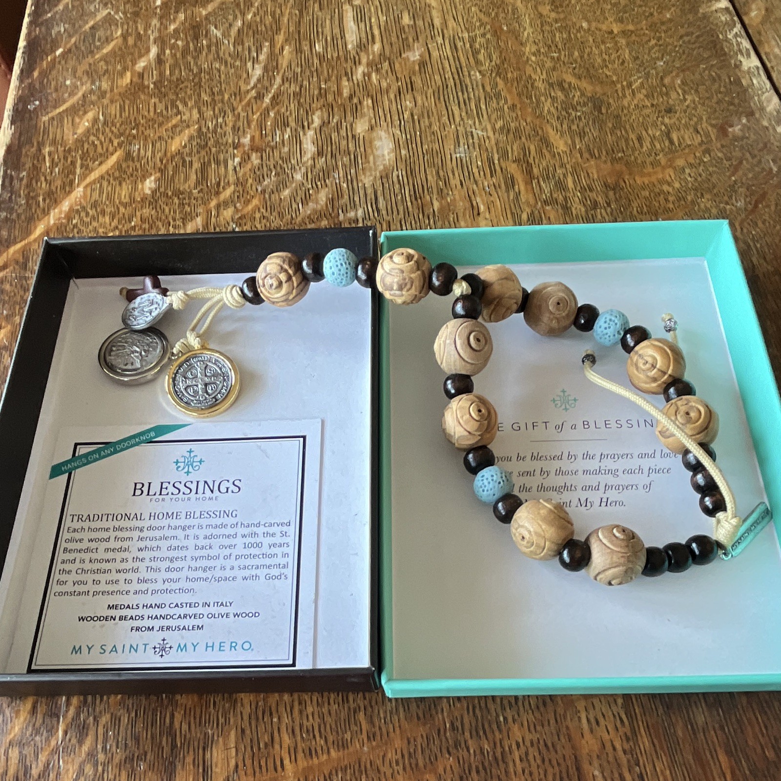 My Saint My Hero Beaded Wood Bracelet Brown/Blue Adjustable Slide Cord