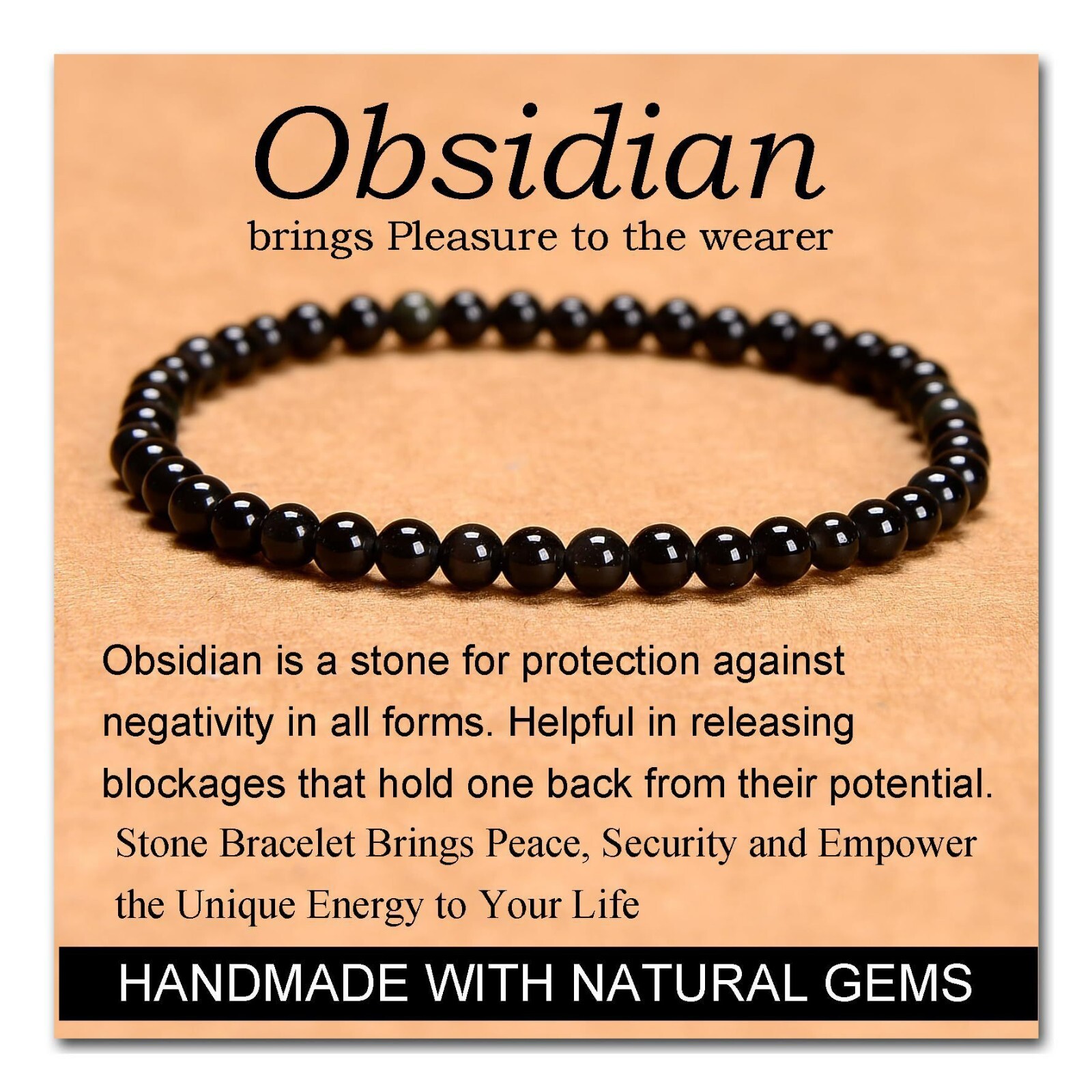 Black Obsidian 4mm Stone Crystal Beaded Healing Protection Women Bracelet Gifts