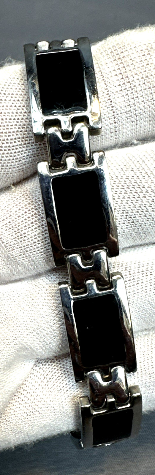 Mens Stainless Steel Link Bracelet Black Enamel 9″ Modern Silver Tone Chisel Sty