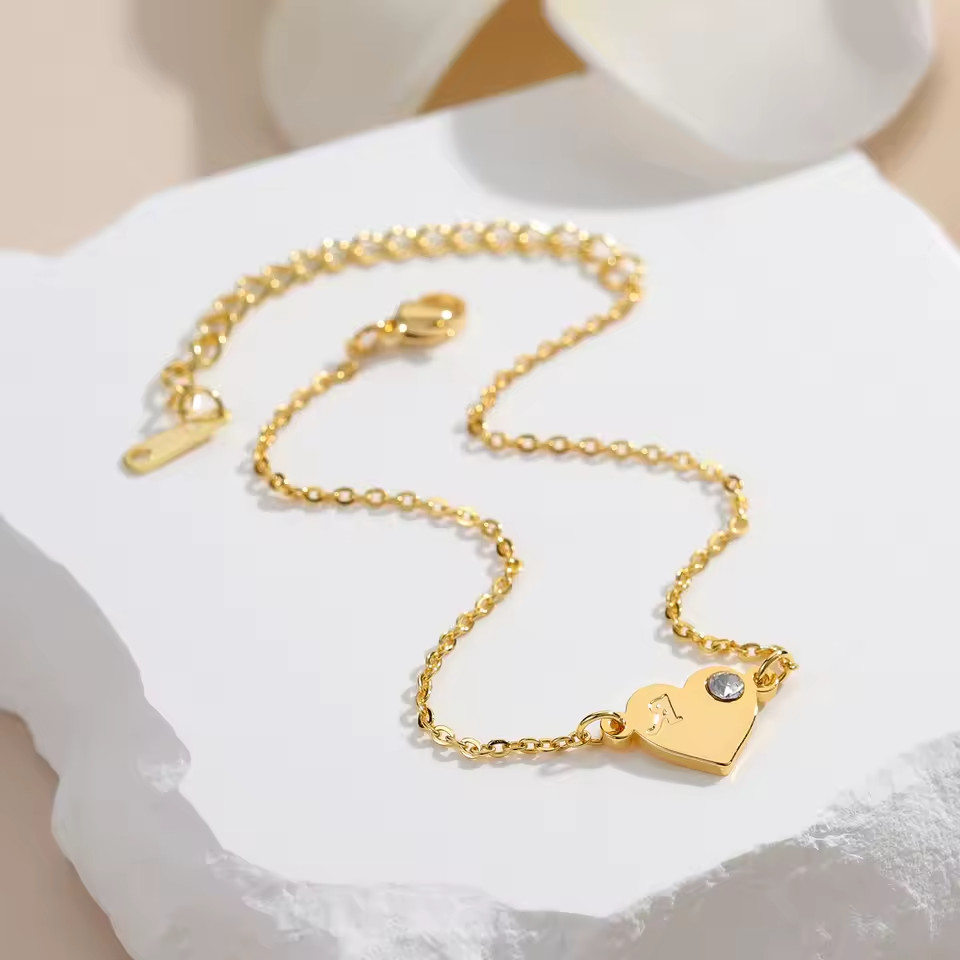 Custom Birthstone Engraved Letter Bracelet Chain Lobster Clasp Jewelry Heart