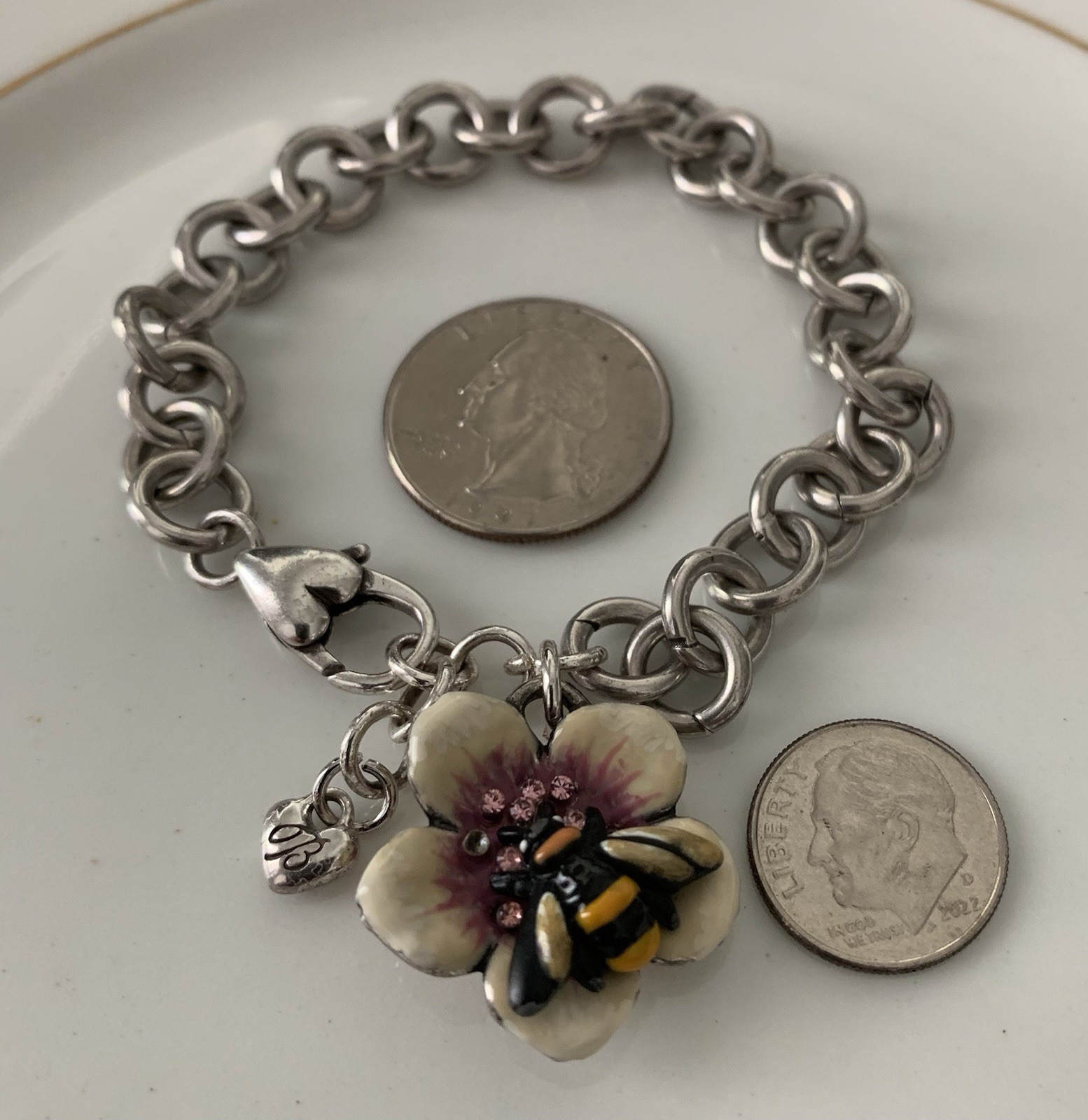 Brighton Vintage HONEY BEE FLORAL 7.5-8 In Charm Bracelet, Pink Crystal Accents