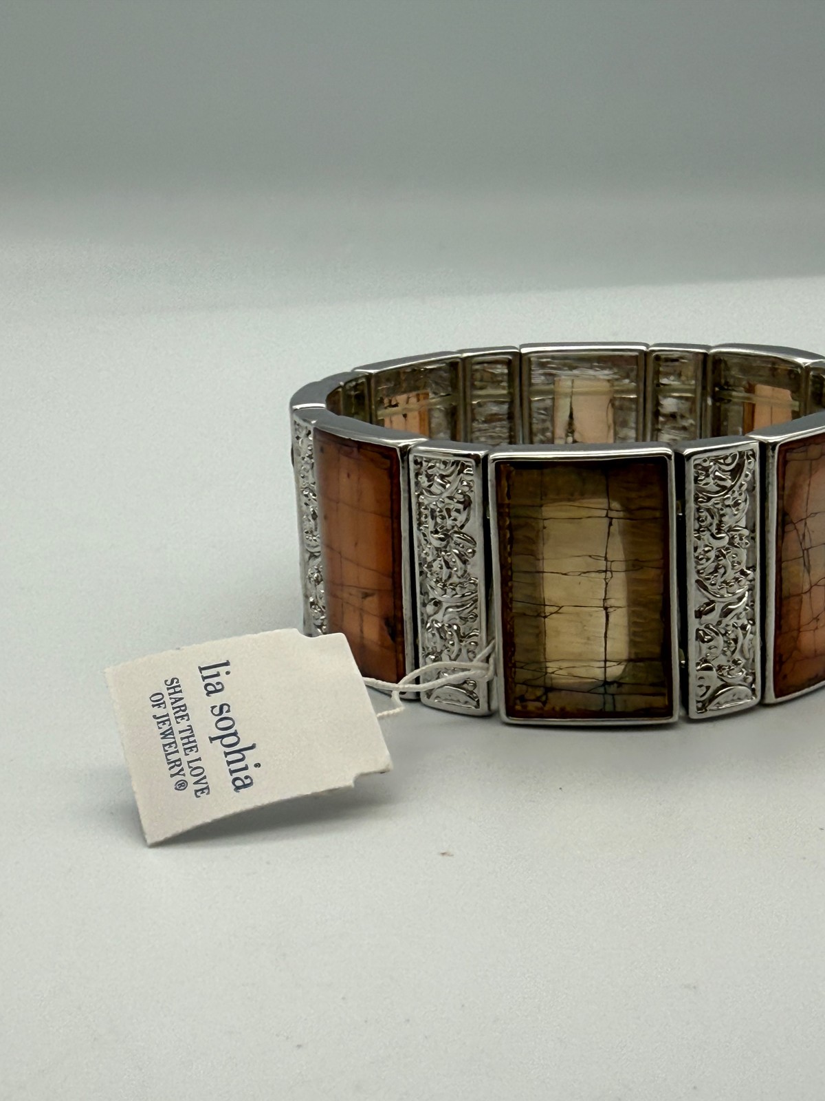 Lia Sophia Wide Stretch Cuff Bracelet Orange Brown Stones Silver Tone NWT