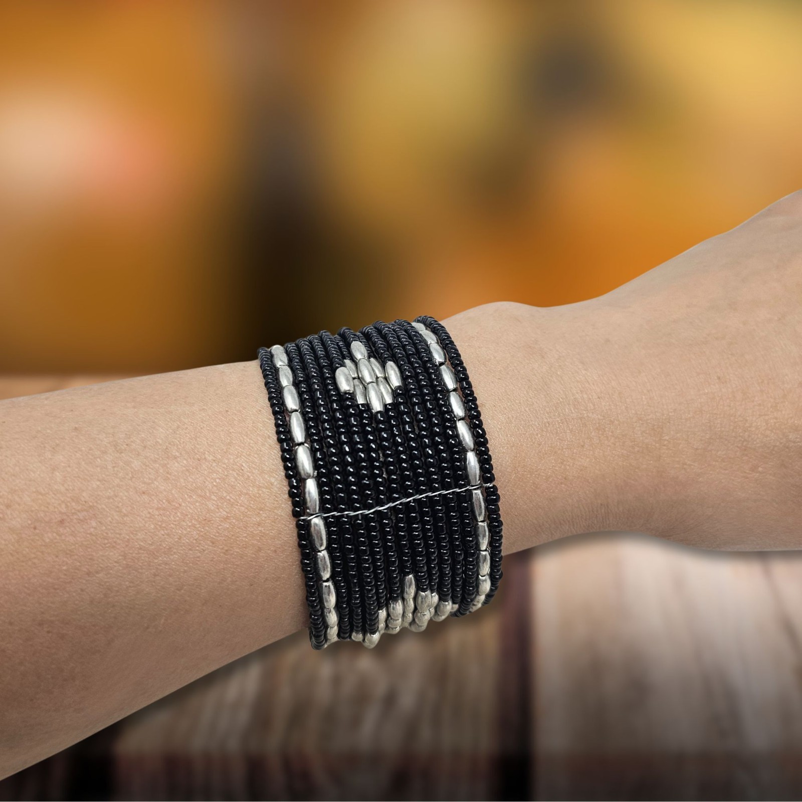 2pc Set 15-Strand Black Beaded Bracelets Bohemian Fashion Boho Tribal Wide Cuffs
