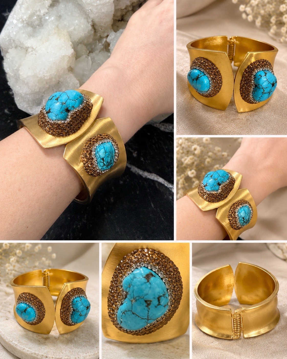 Gold Plated Asymmetrical Cuff Bracelet Blue Turquoise Bezel Set Hinged Stackable