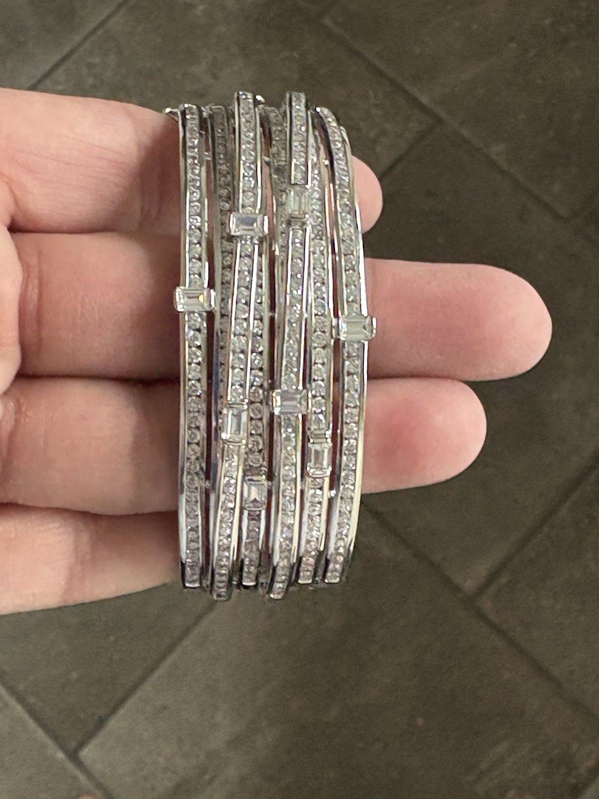 Rhodium Plated Silver White/Clear CZ Hinged Wide Bangle Bracelet