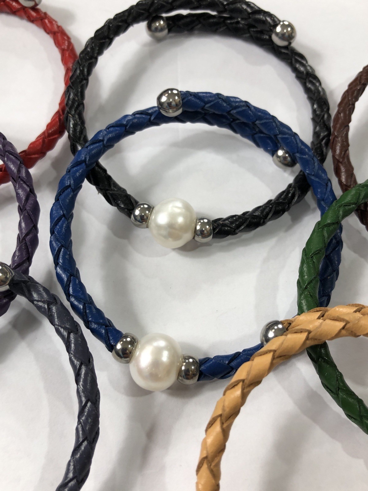 Braided Bracelet Faux Leather Wrap Multicolor Pearl Adjustable – Lot of 8