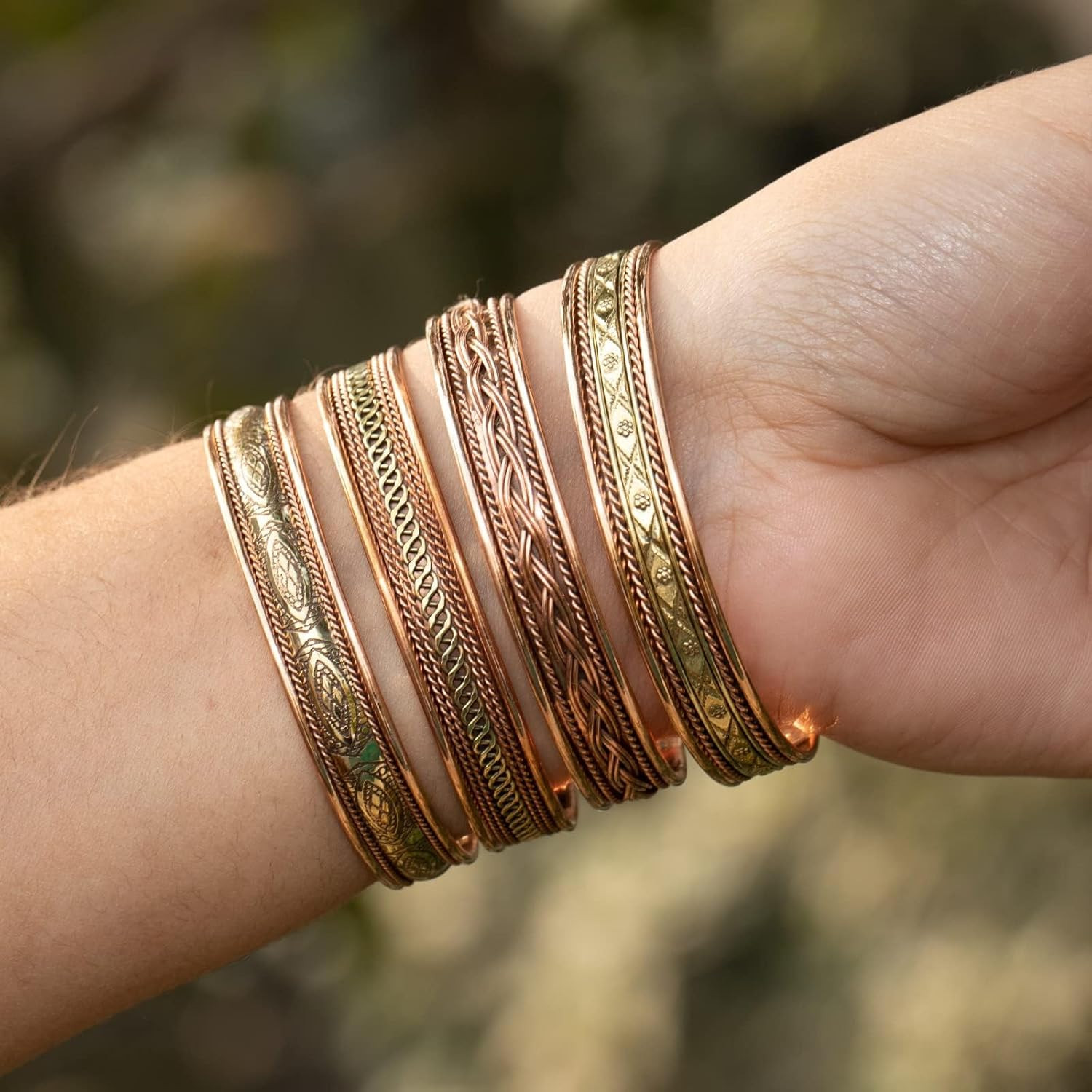 Pure Copper Set of 4 Tibetan Bracelets Handmade Cuff Bangle for Men and Women Ad