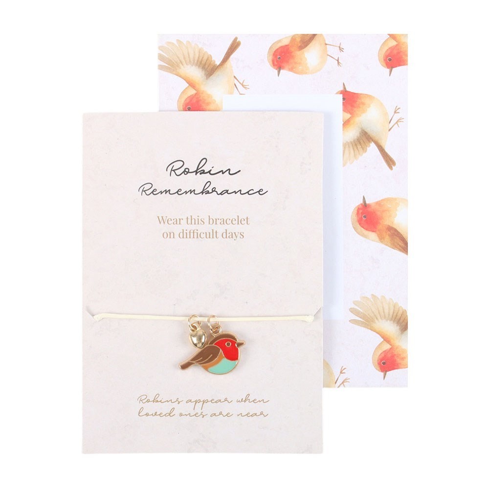 Memorial Rememberance Enamel Robin & Heart Cord Adjustable Bracelet & Envelope