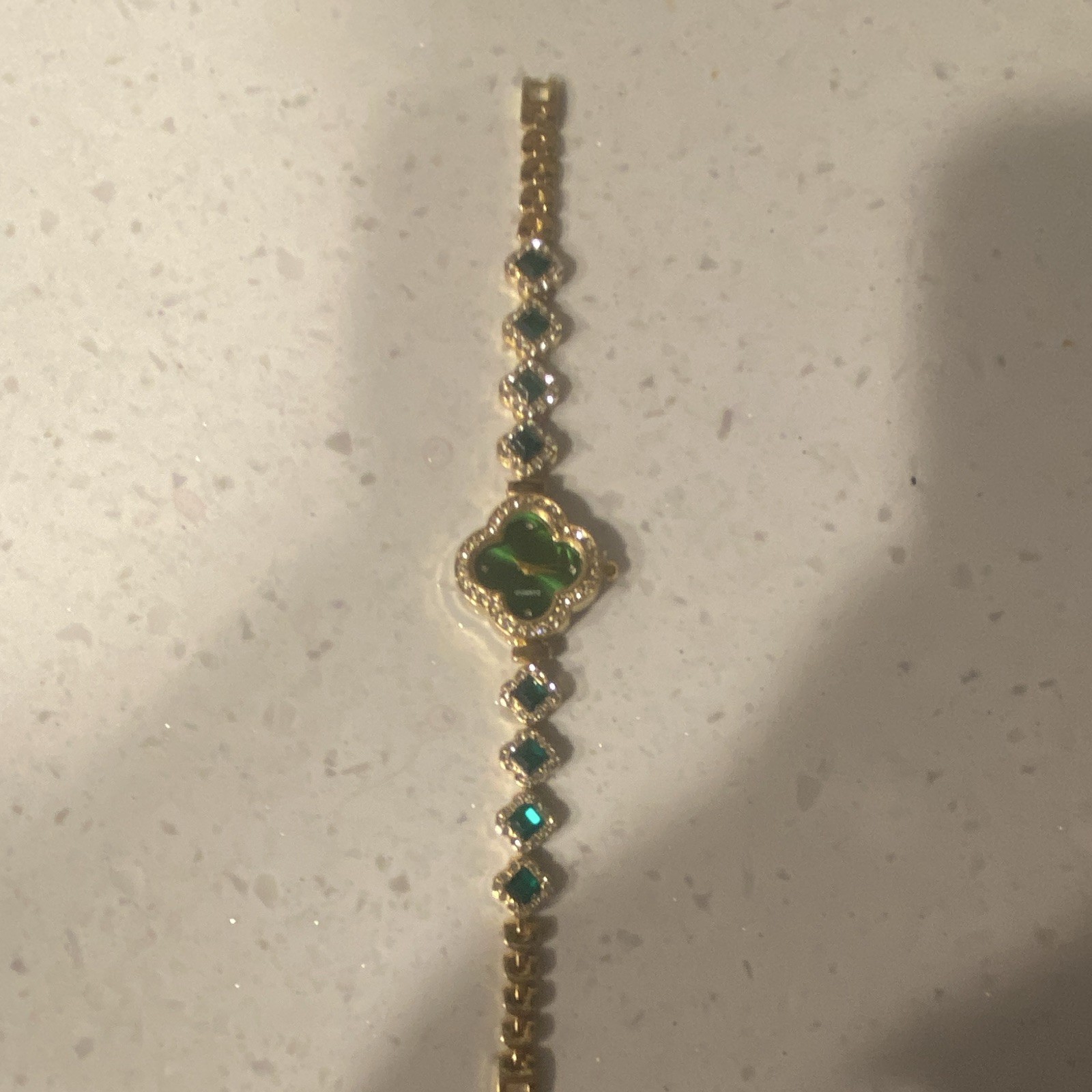 Gold Tone Tennis Round Link Chain Watch Green Round Crystal Stones Prong
