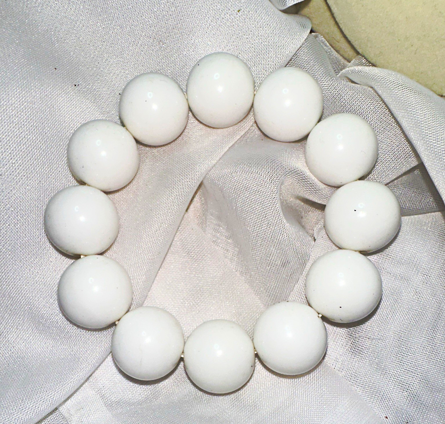 White Round Beaded Stretch Bracelet, Slip-On Ball/Bead Chain, Sizable