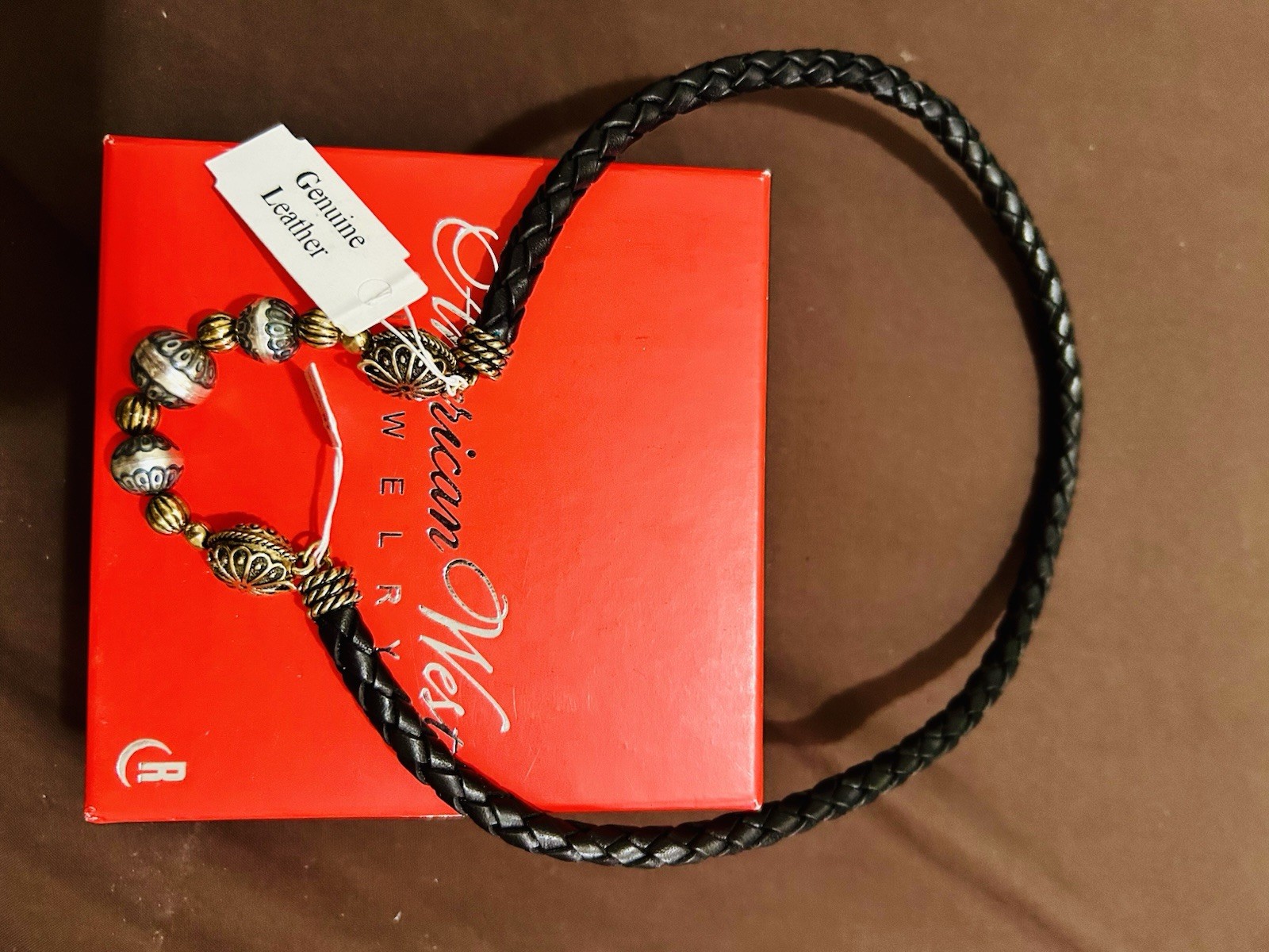 American West Jewelry Genuine Leather Braided Bracelet Black Charm Beaded