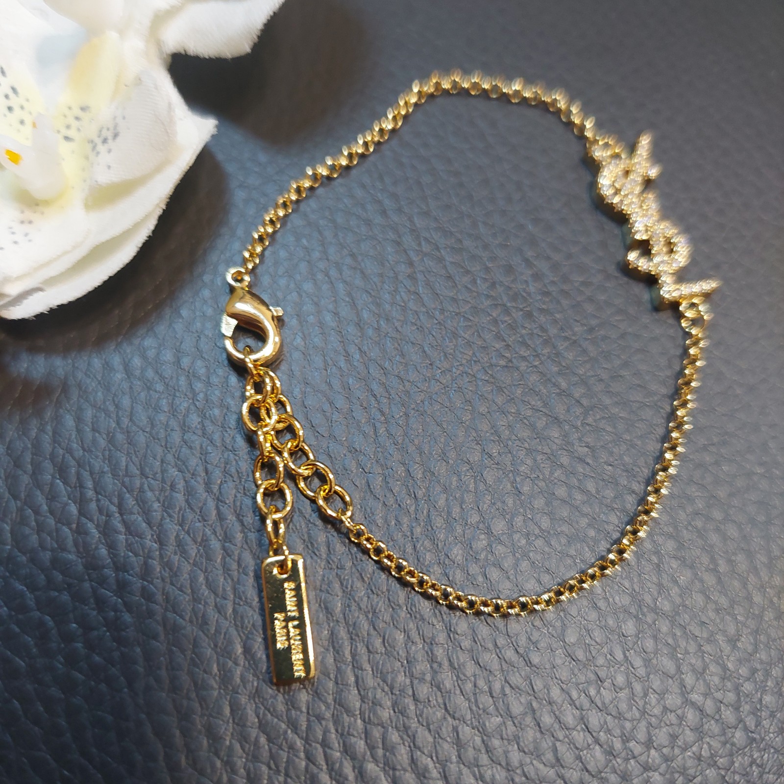YSL Saint Laurent Charm Bracelet Crystal Brass Metal Gold!