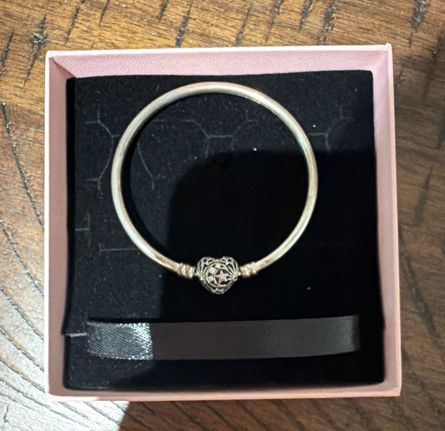 PANDORA Signed Silver Bangle Charm Bracelet Heart CZ Bead, Love Theme