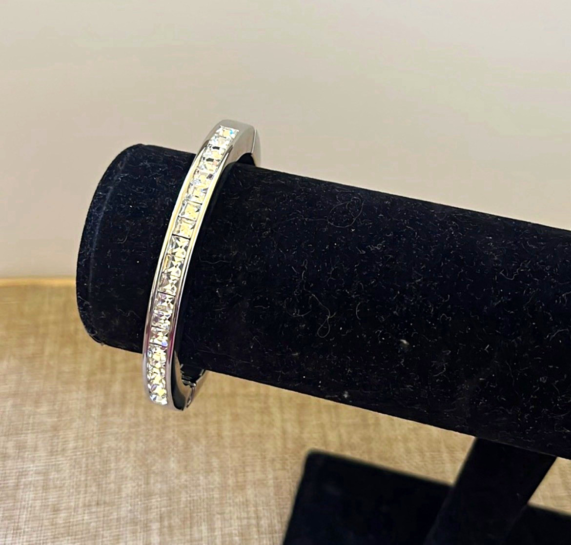 Silver Tone Stainless Steel Hinged Bangle Bracelet Channel-Set Square Crystals