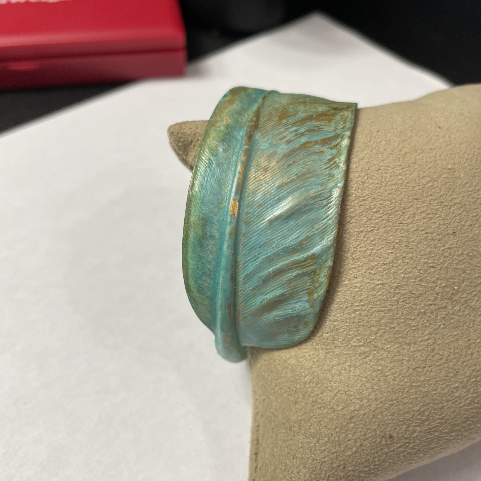 Verdigris Feather Cuff Bracelet Brass