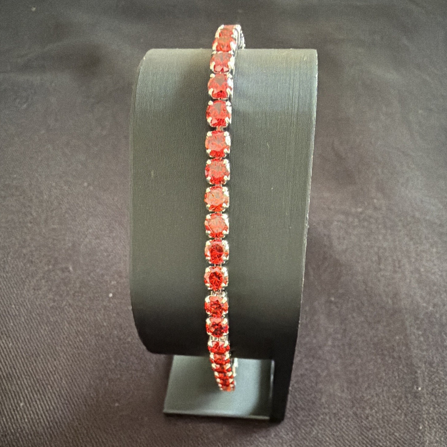 Silver Plated Red Crystal Tennis Bracelet Prong Set Round Box Clasp