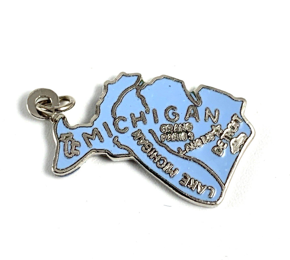 Michigan State Charm Enamel | Silver Plate | Light Blue | 3/4″ | New Old Stock
