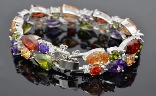 18k White Gold Filled Multicolor Tennis Bracelet Made Simulated Diamond 7.5 Inch