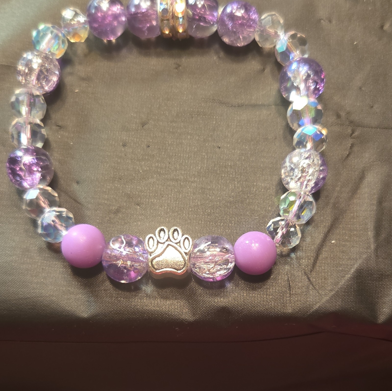 Purple & Clear Round Crystal Acrylic Beaded Stretch Bracelet Paw Dangle Silver