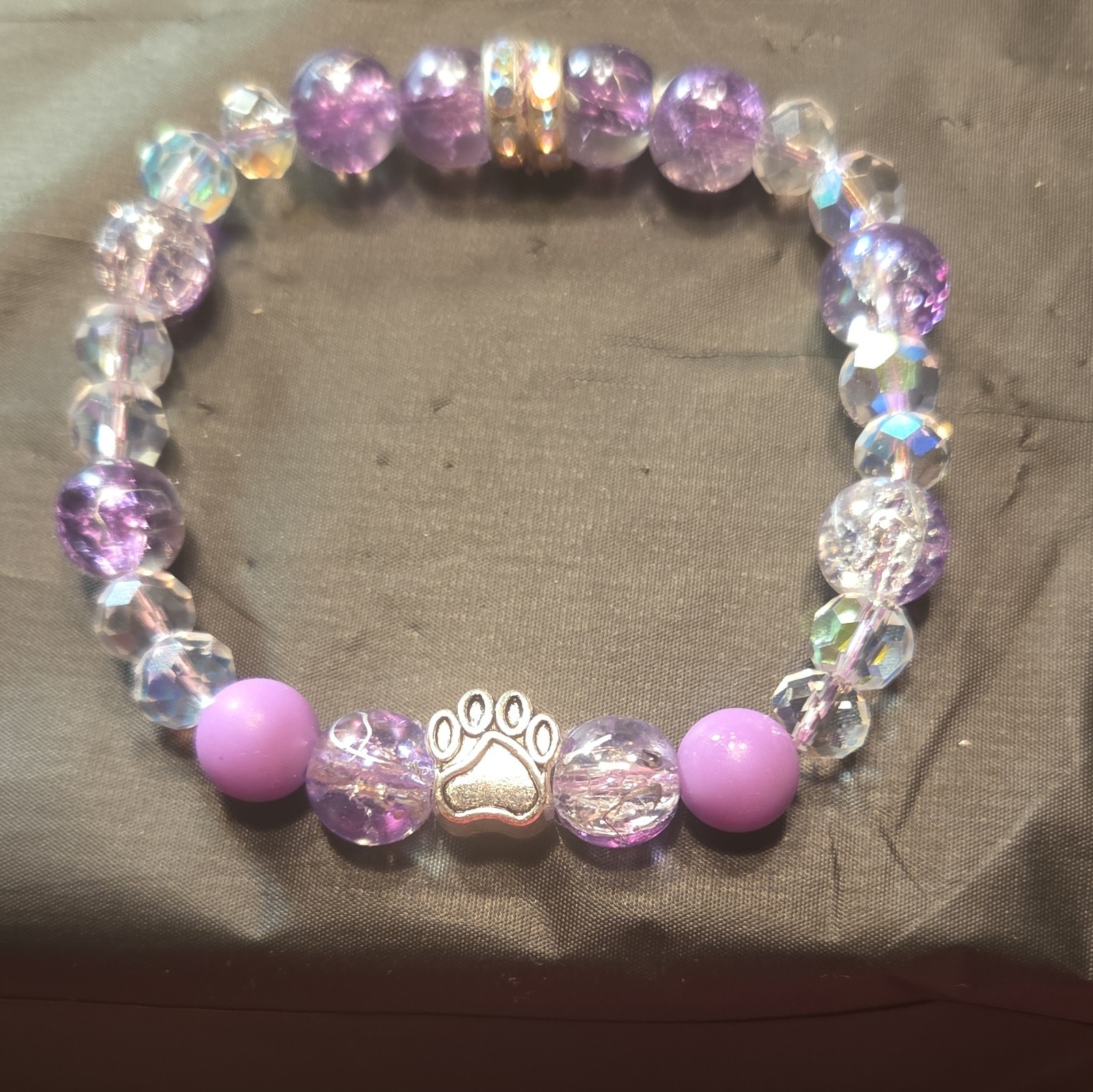 Purple & Clear Round Crystal Acrylic Beaded Stretch Bracelet Paw Dangle Silver