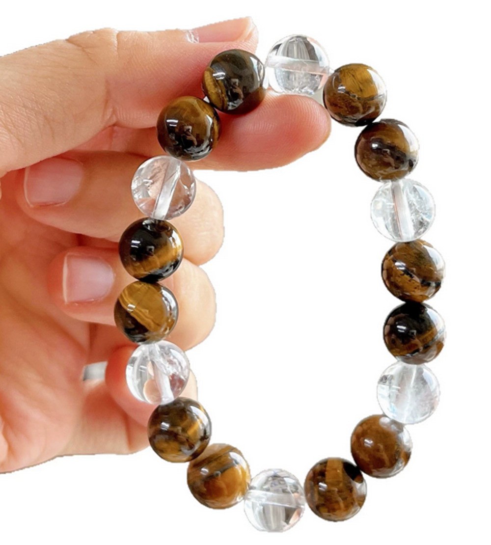 Natural 10mm Yellow Tiger’s Eye Clear Crystal Gemstone Round Bead Bracelet 7.5in