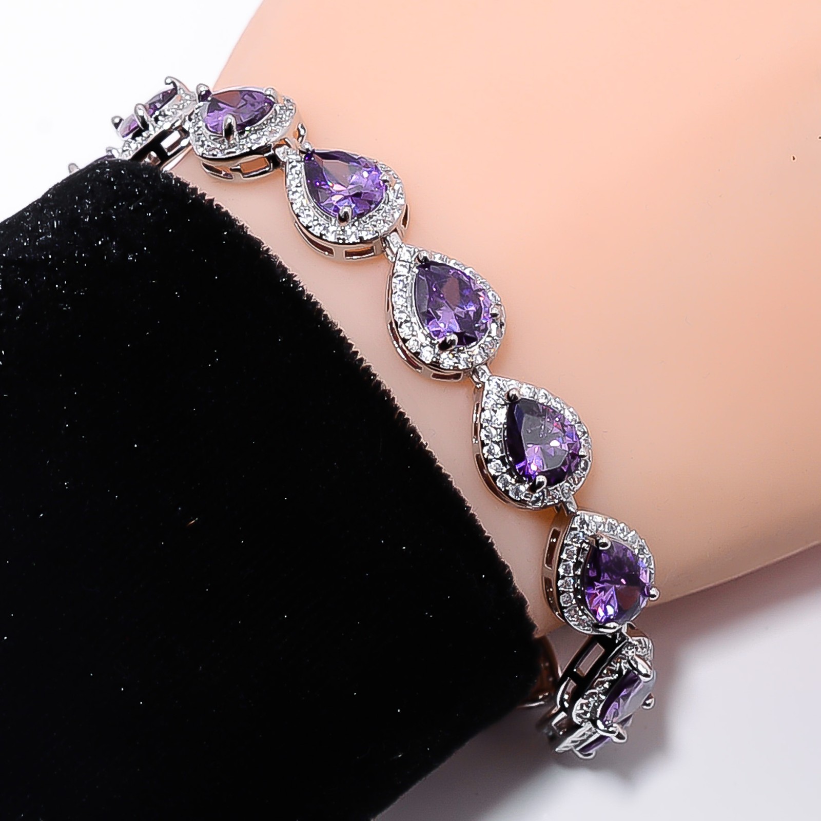 Purple Amethyst, CZ 925 Sterling Silver Adjustable Bracelet 7-8″ B140924