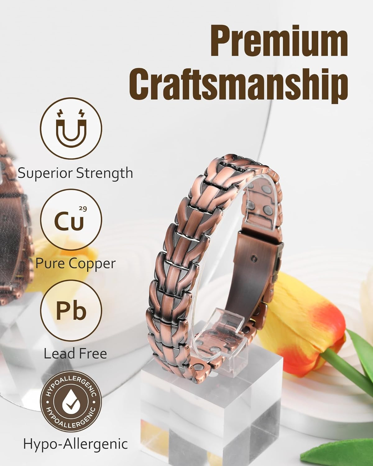 Pure Copper Bracelet for Men, 2X Strength Magnetic Bracelets for Men with Fold-O