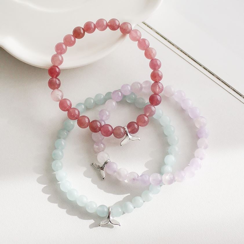 Rose Quartz Lavender Amethyst Whale Tail 925 Silver Bracelet Good Luck Gift