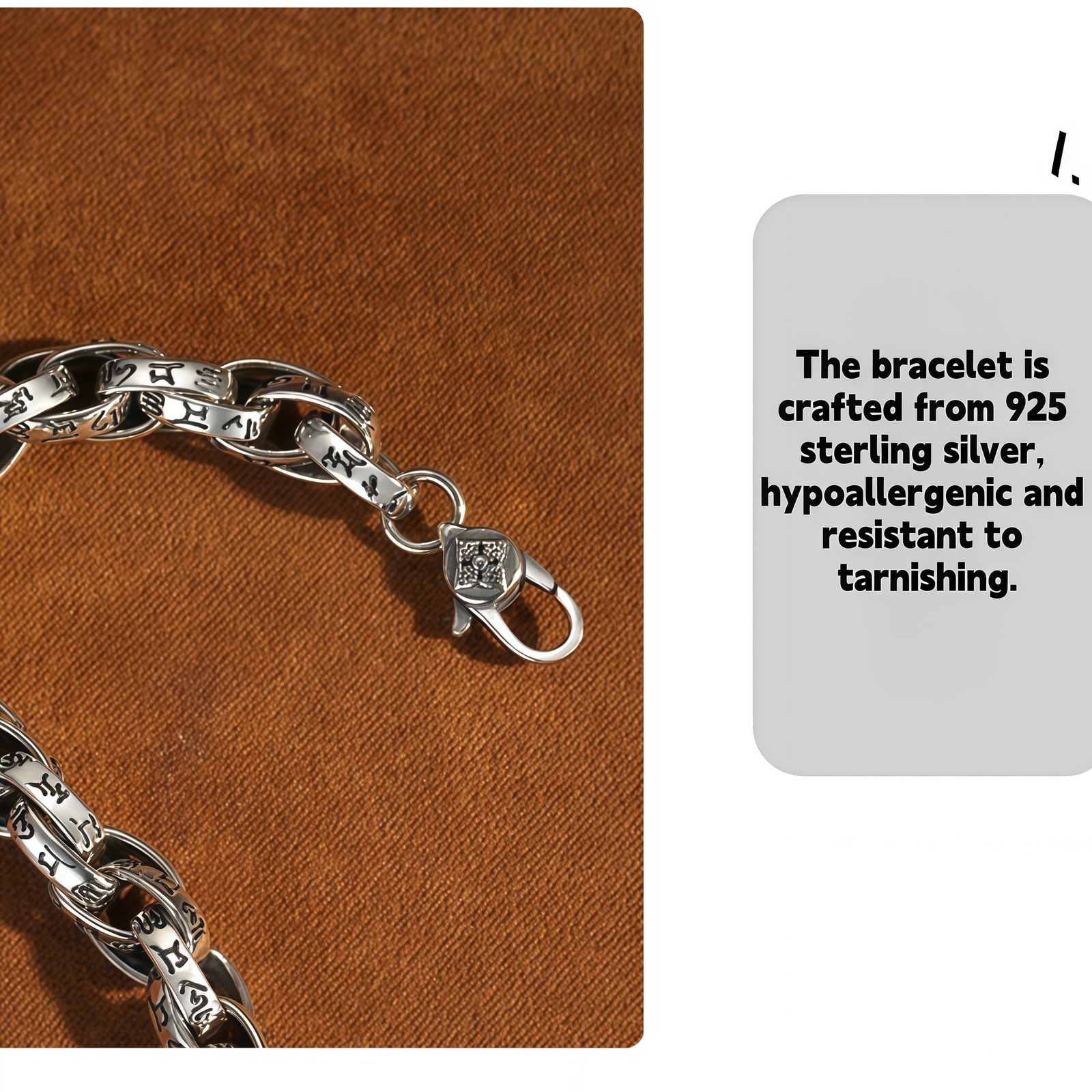 Vintage Scroll Engraved Curb Copper Chain Bracelet Plated Antique Silver for Men