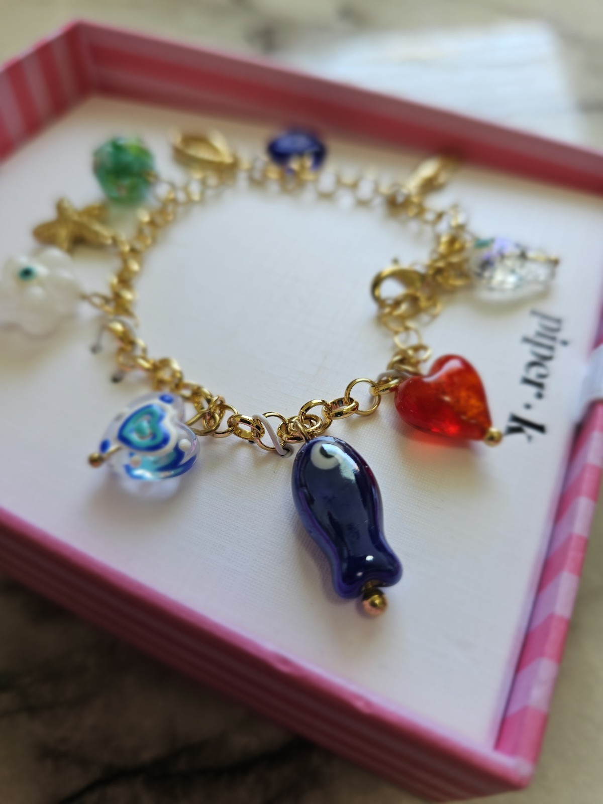 piper·k Gold Tone Cable Chain Charm Bracelet Glass Multicolor Dangle Beach