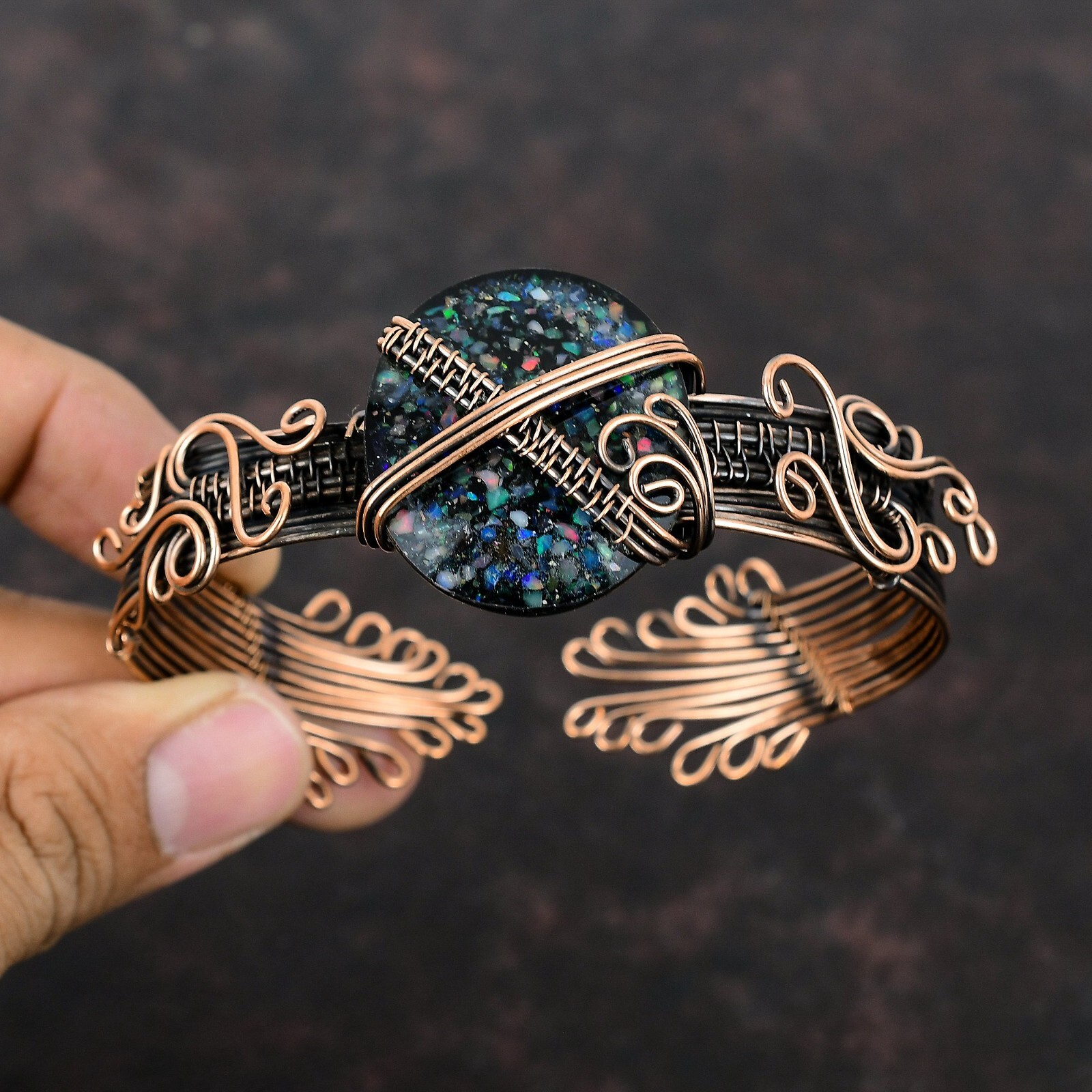 Black Ethiopian Opal Copper Gift For Love Wire Wrapped Adjustable Cuff