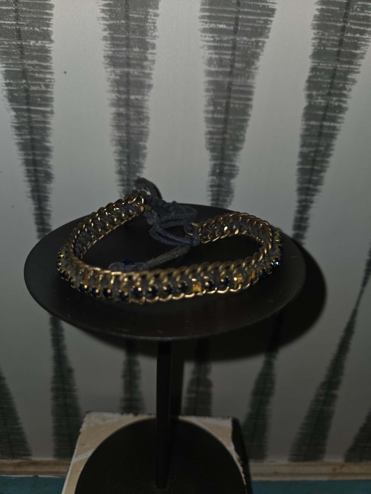 Curb Chain Bolo Bracelet Gold Tone Metal & Blue Cord Adjustable Sizable