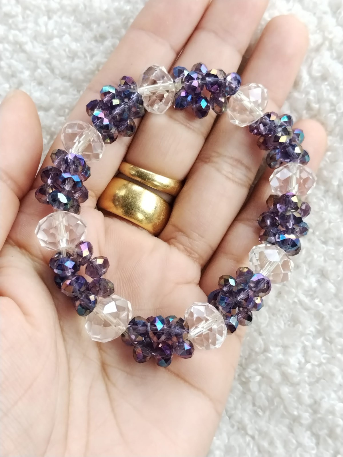 Purple Clear Facted Crystal Glass Beaded Elasticated Bracelet, Ladies