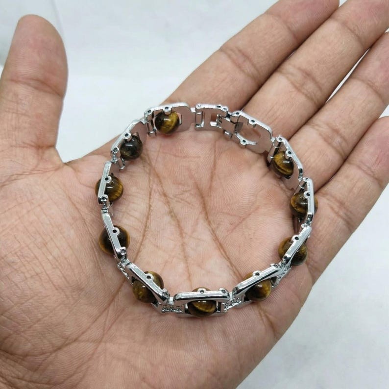 Tiger Eye Silver-Plated Bracelet, Golden Brown Stone Links, Protective Jewellery