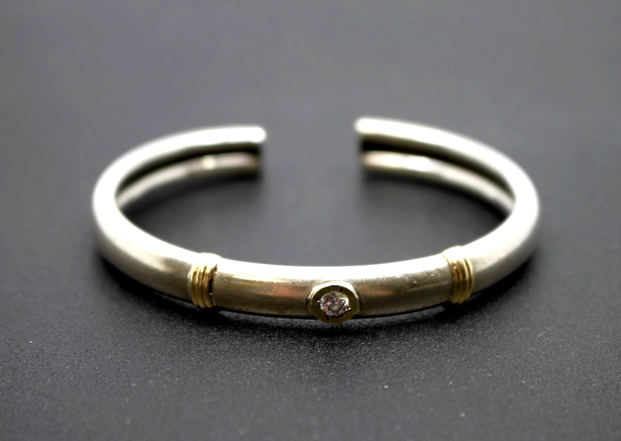 Sterling Silver & 14K Gold Open Cuff Bracelet CZ Bezel Set Two Tone 6.5″inch