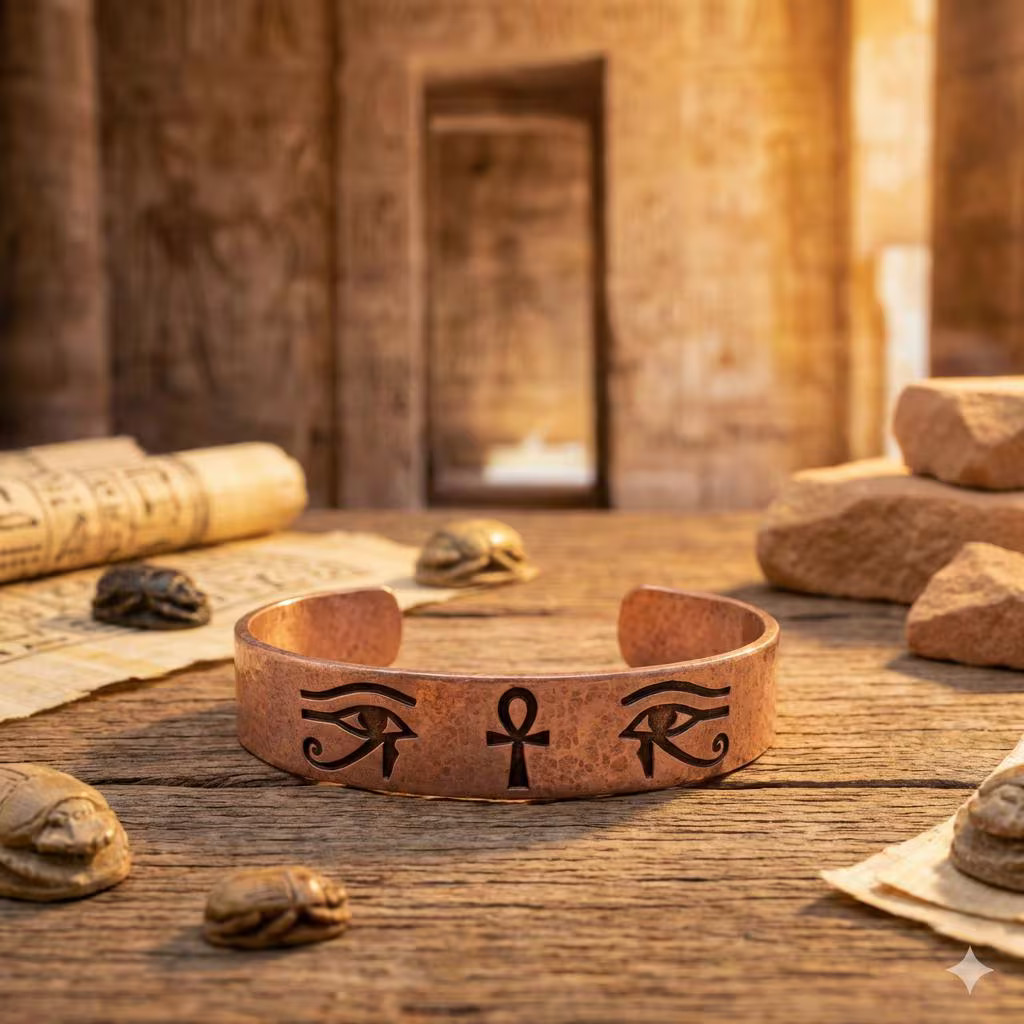 Pure Copper Spiritual Ankh & Eye of Horus Cuff – Handmade Boho Gift