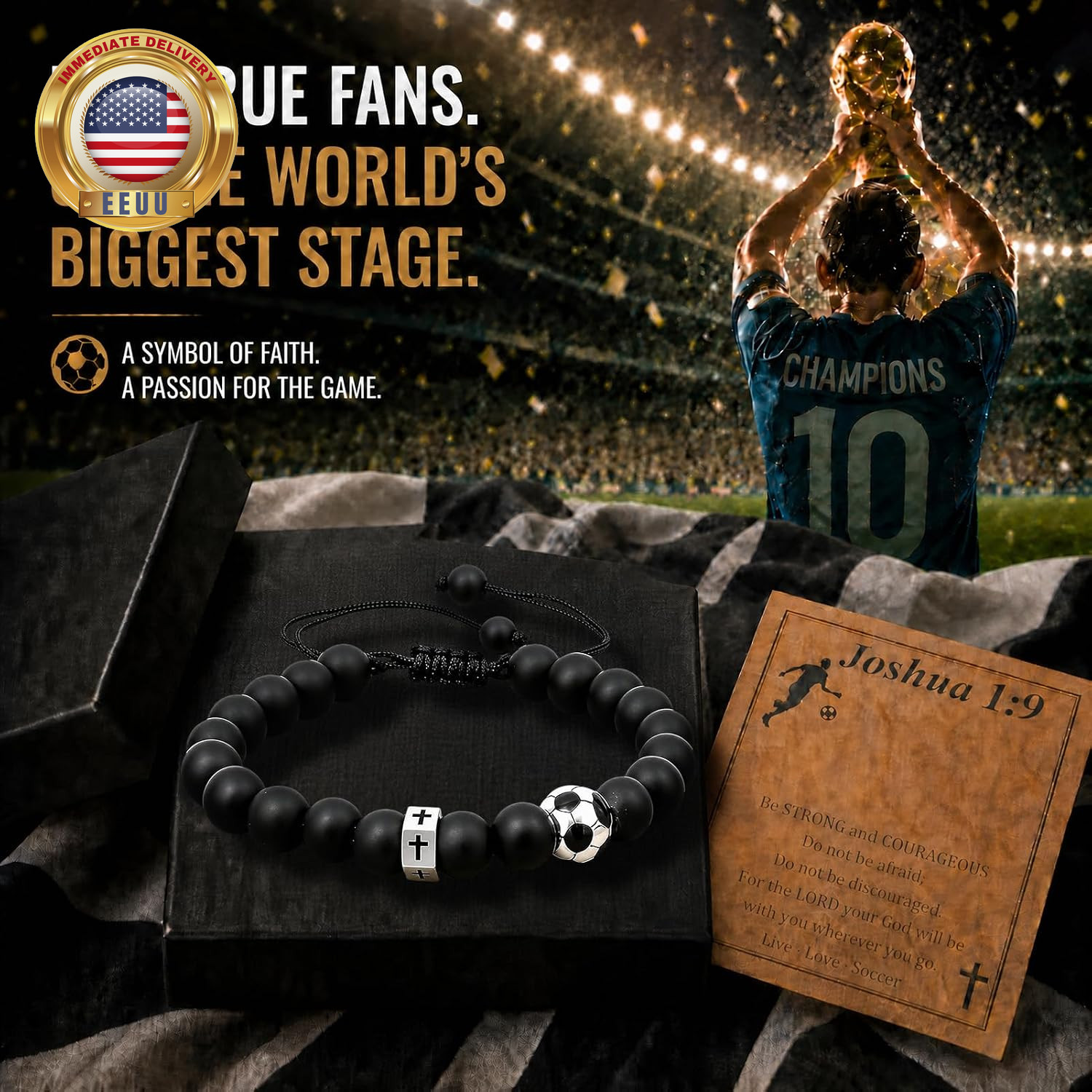 Soccer Cross Beaded Bracelet for Men Boys, Adjustable Black Obsidian & Nylon Cor