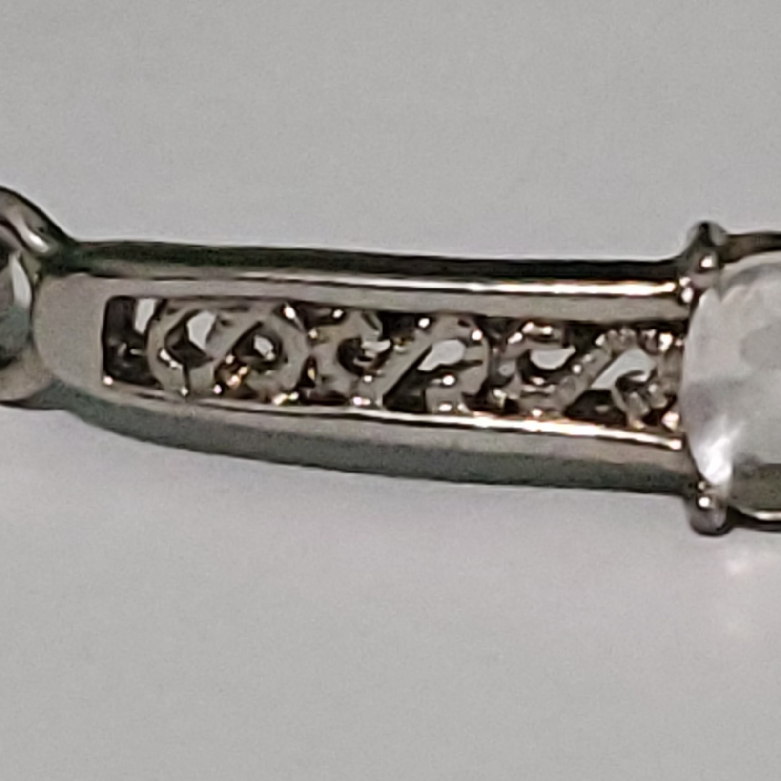 Sterling Silver Metal 925 Bangle Bracelet w/ Prong-Set Oval Clear Stone Filigree