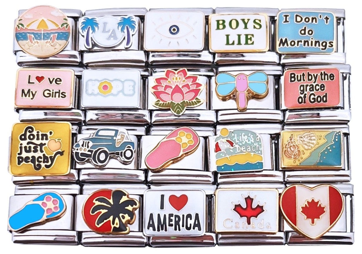 9mm Italian Charms Assorted Words & Sayings Travel Cars Bugs Flowers (Col #21)